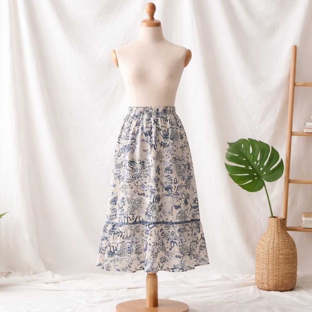Hearts of Palm Women Blue White Batik Print Tiered Midi Skirt Velvet Trim Sz 16